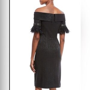 Rickie Freeman Teri Jon Off shoulder ostrich feather, trim metallic midi dress